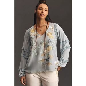 Anthropologie Tiny Frances Womens Blue Long Sleeve Ruffle Embroidered Top Size M